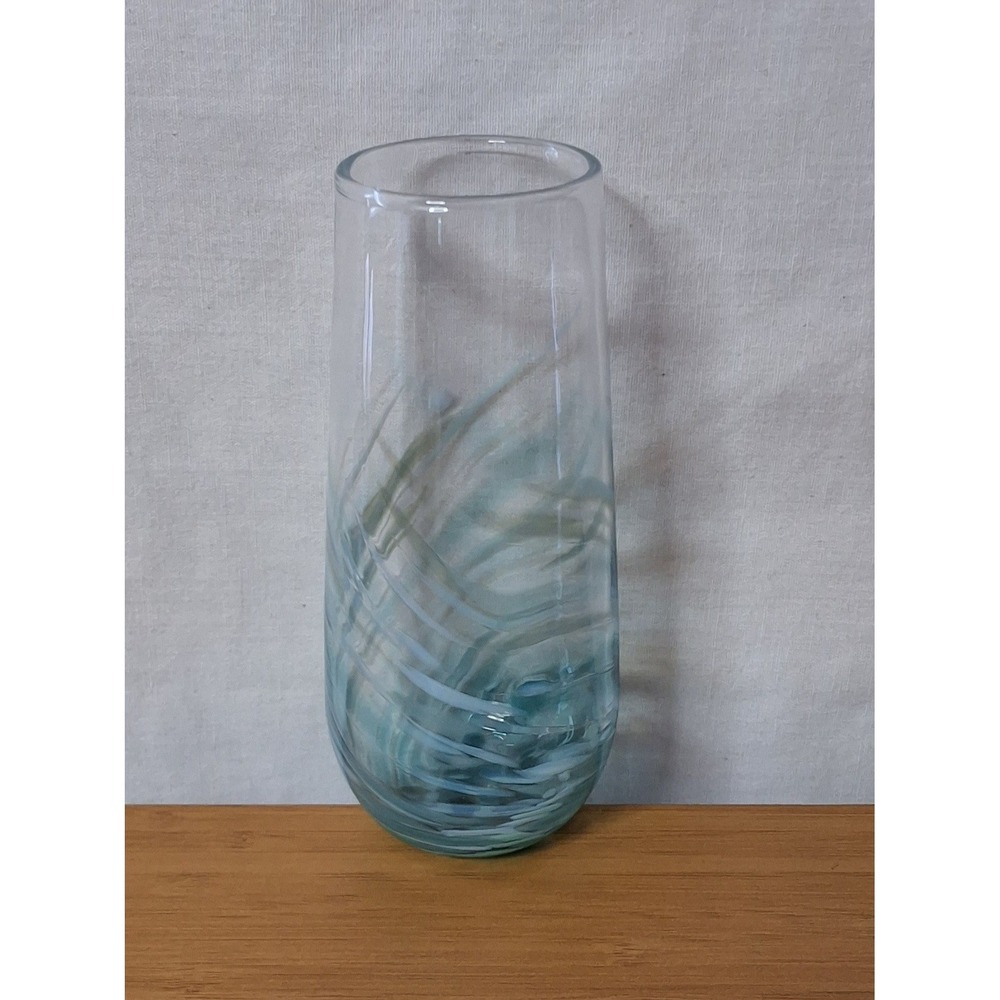 Vintage Hand Blown Glass Bud Vase With White And Blue Ribbon Swirl 5" Tall GVC!